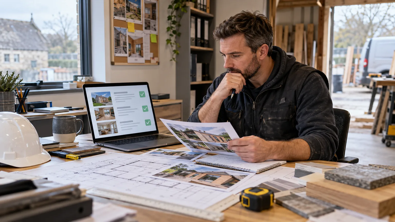 Builder checking an AI-assisted website draft against project plans and photographs