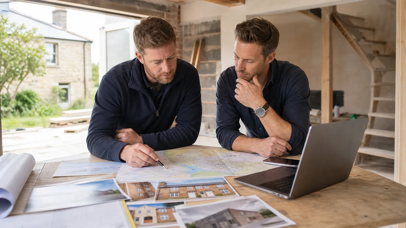 Construction business owner and consultant planning location pages with a map and project photographs