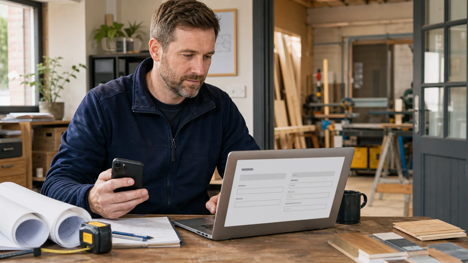Trades business owner reviewing a customer quote request form on a laptop