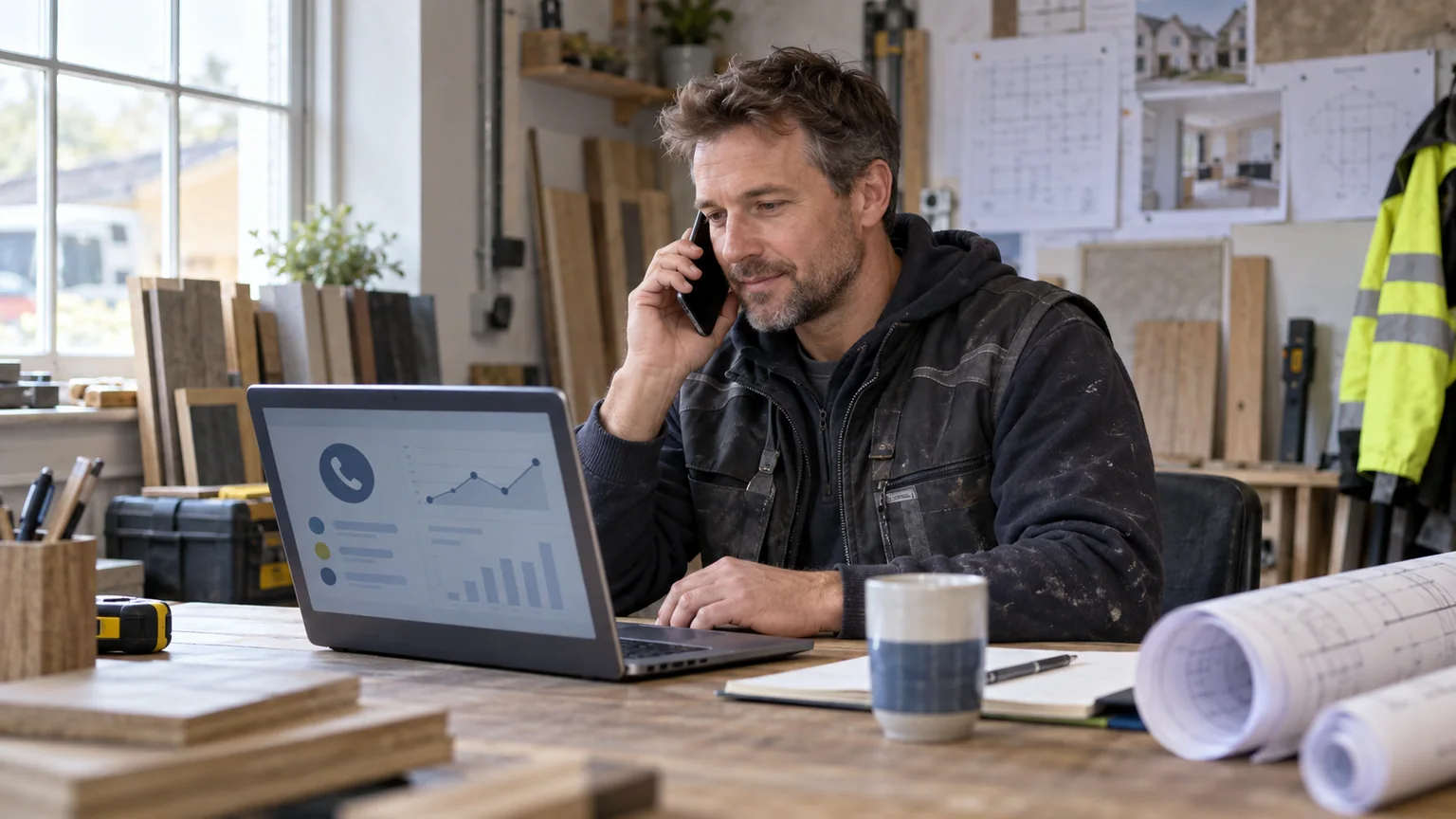 Trades business owner answering a phone while reviewing call enquiry data in a workshop office