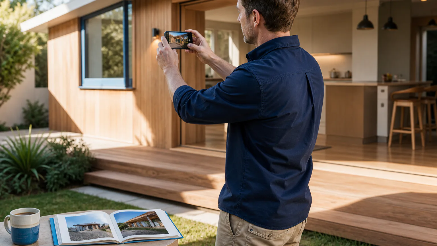 Builder photographing a completed timber-clad extension for an online case study