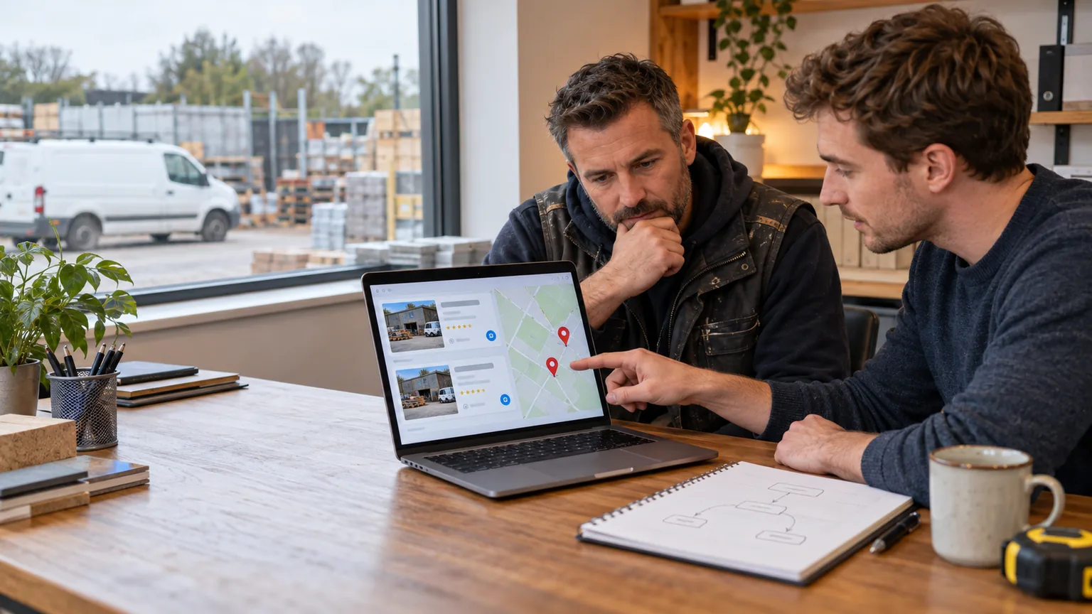 Builder and SEO consultant comparing two duplicate business listings on a map