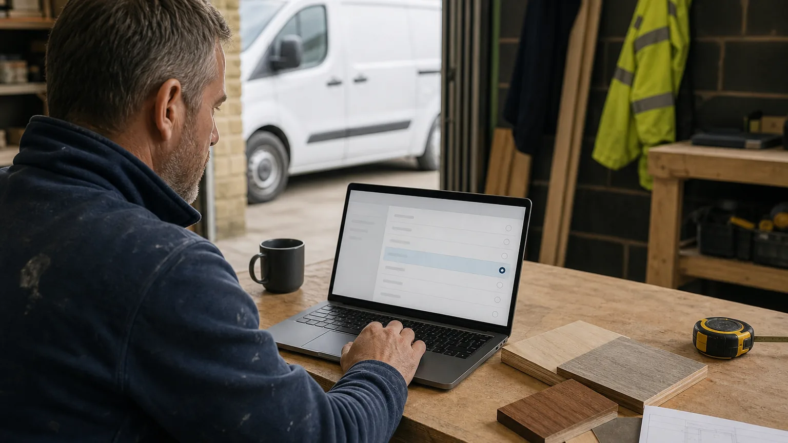 Builder reviewing business category options on a laptop at a workshop bench