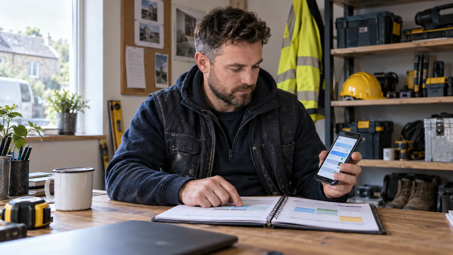Trades business owner checking a phone against a weekly work planner in a workshop office