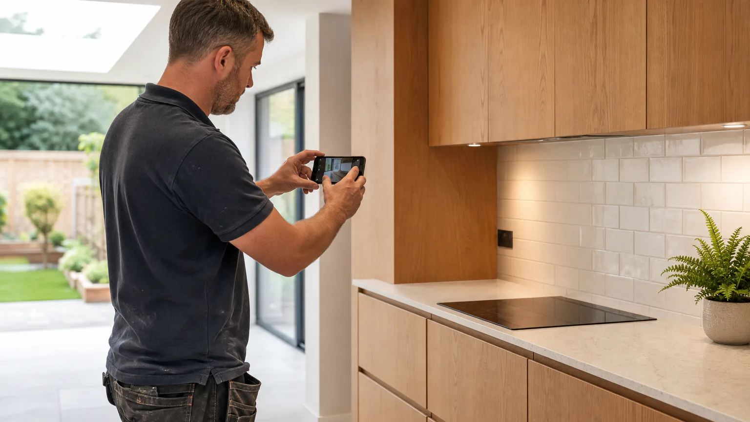 Tradesperson photographing finished kitchen cabinetry for a Google Business Profile