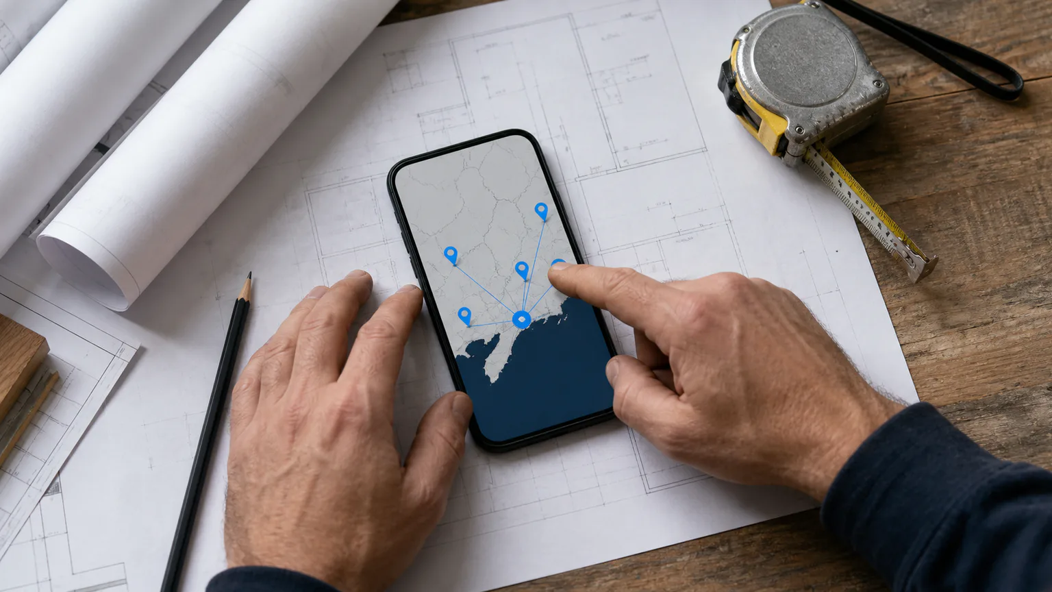 Builder reviewing connected service areas on a phone beside construction plans