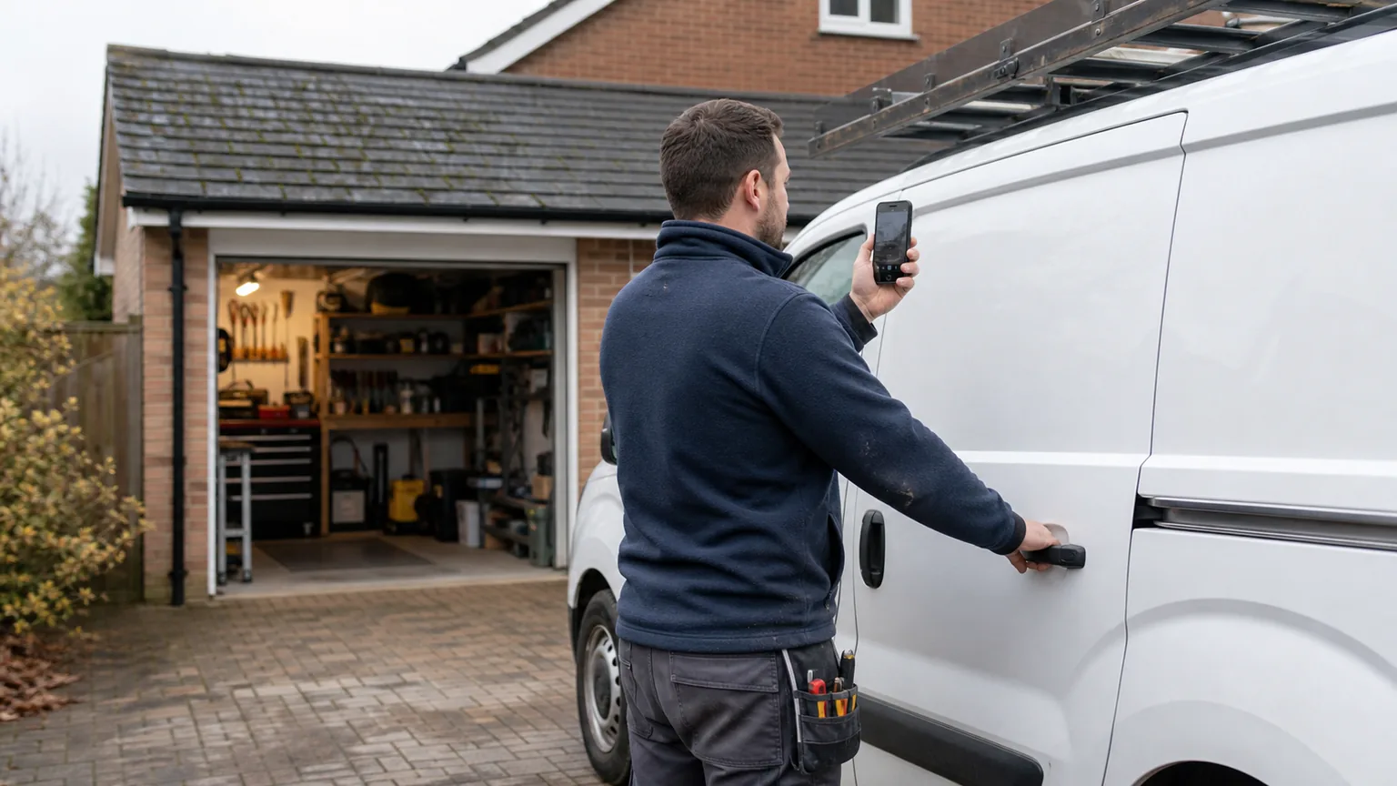 Home-based trades business owner recording a verification video beside a work van and workshop