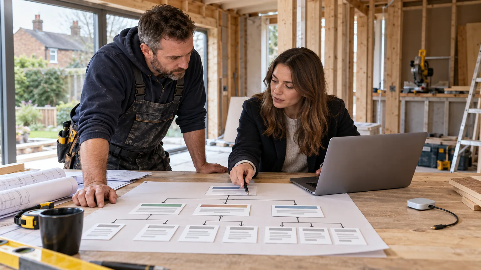 Builder and website specialist reviewing a linked service-page map beside a disconnected shortcut device