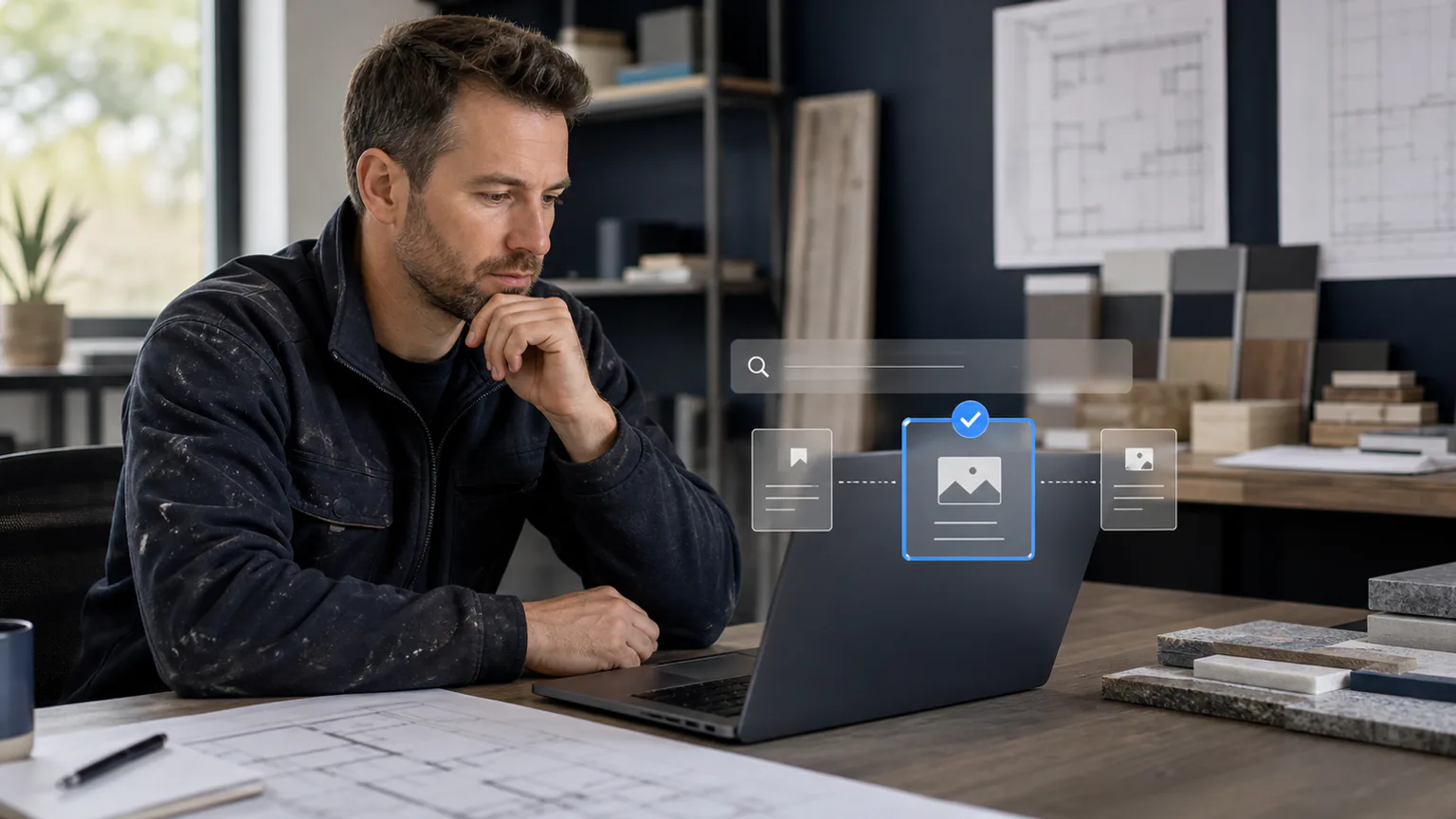 Construction professional reviewing an abstract preferred-source selection on a laptop