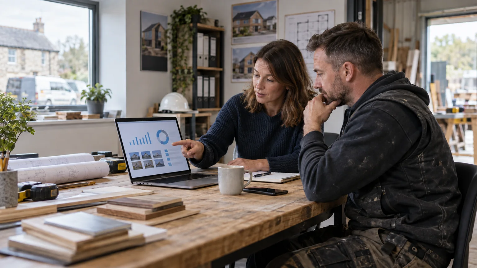 Builder and SEO consultant reviewing AI search visibility data in a workshop office