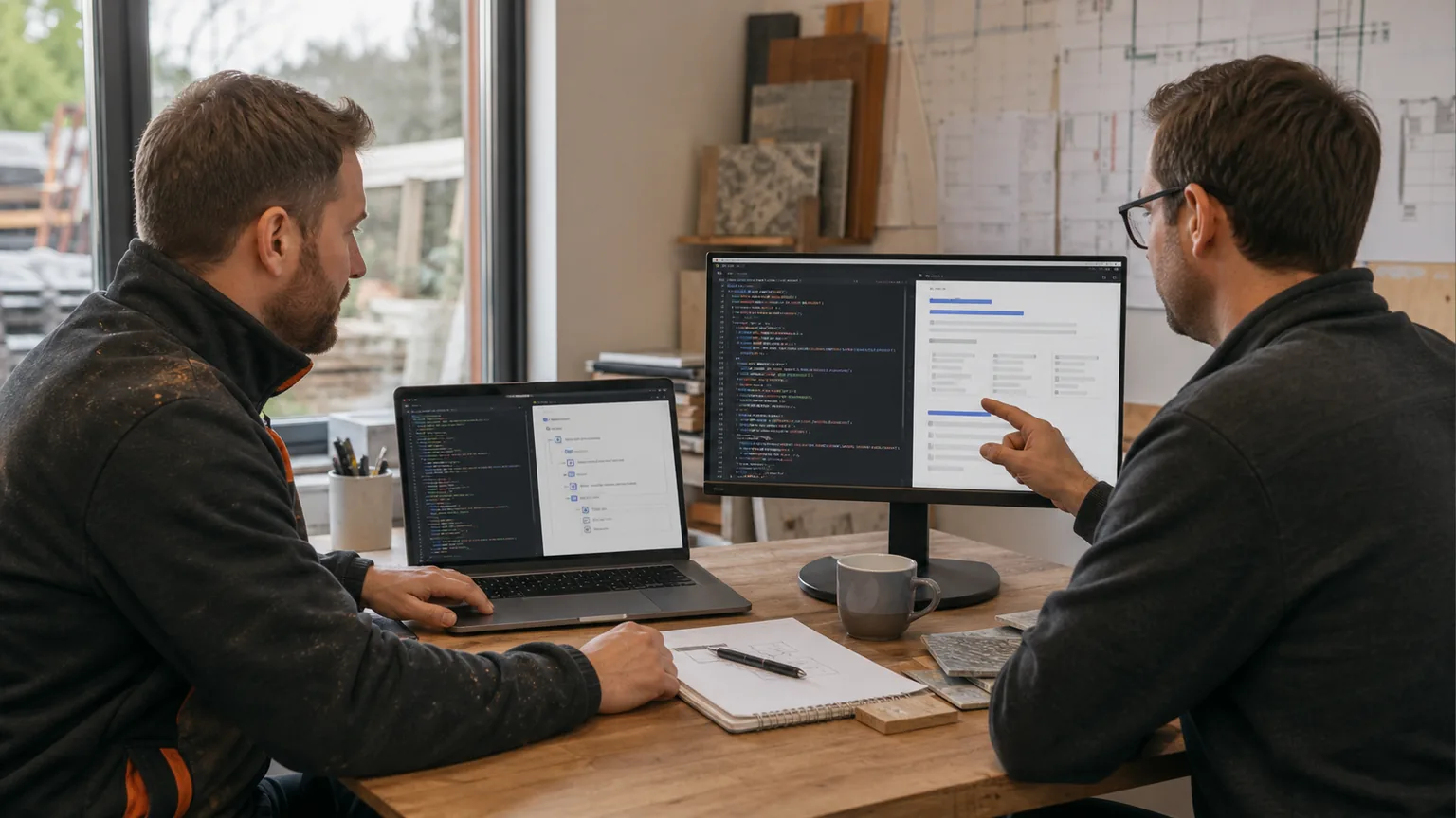 Trades business owner reviewing website metadata and search previews with a consultant
