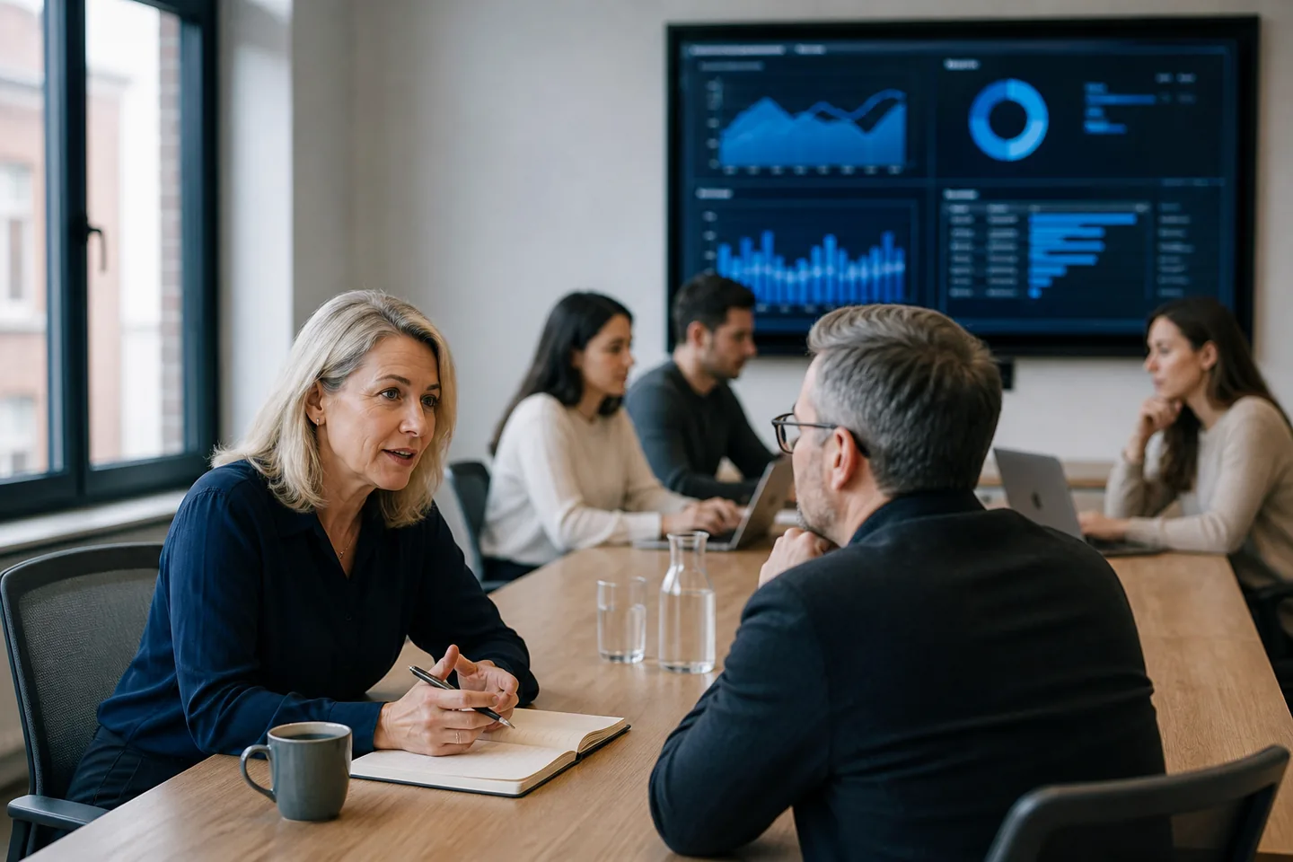 SEO consultant speaking directly with a business owner while a larger team works nearby