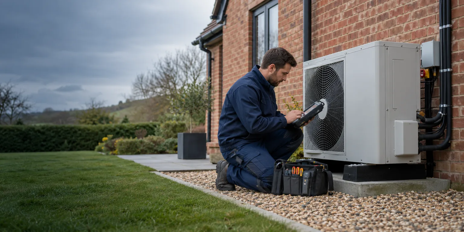 Heating engineer commissioning an air-source heat pump outside a British home