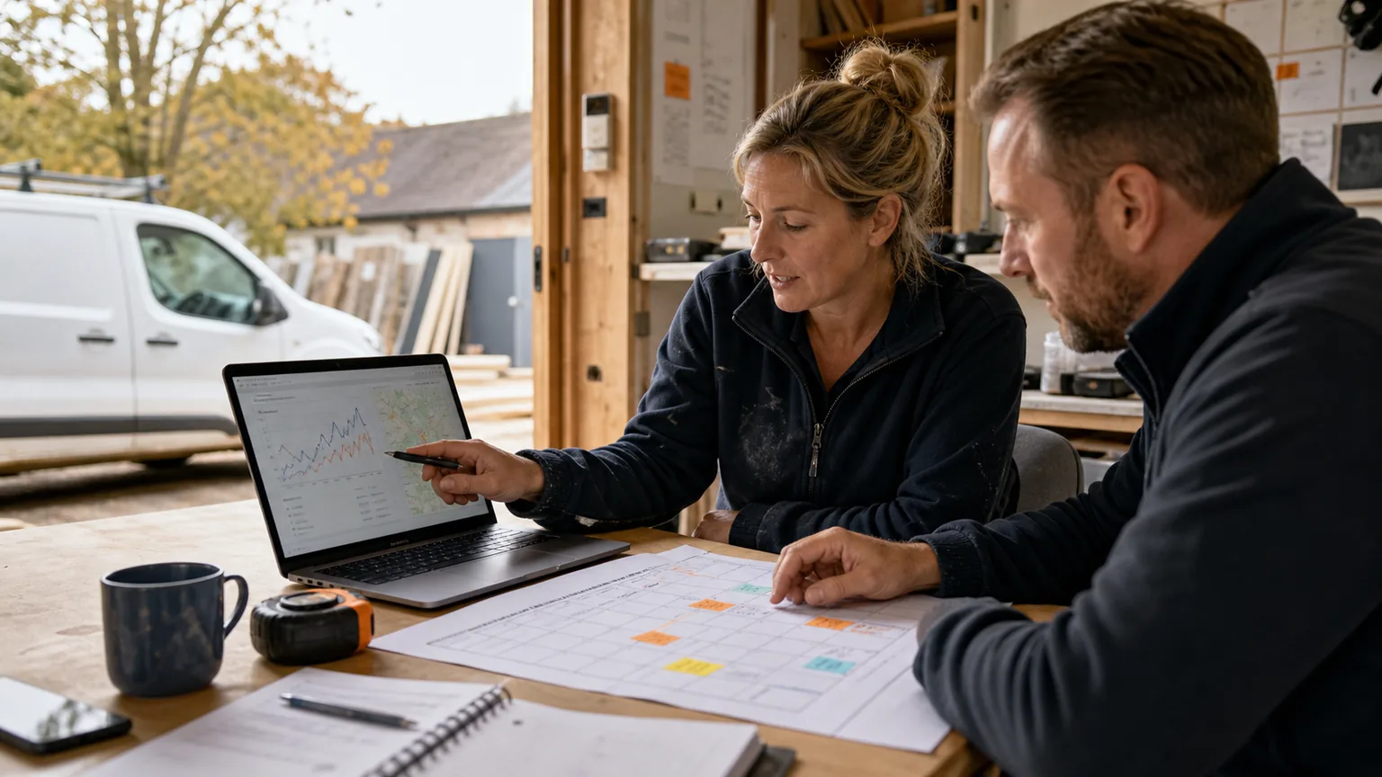 Trades business owner planning September SEO priorities with a marketing consultant