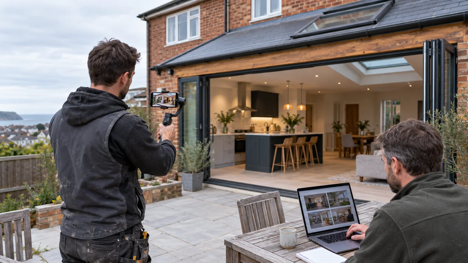 Builder filming a completed home extension while a colleague reviews the project footage