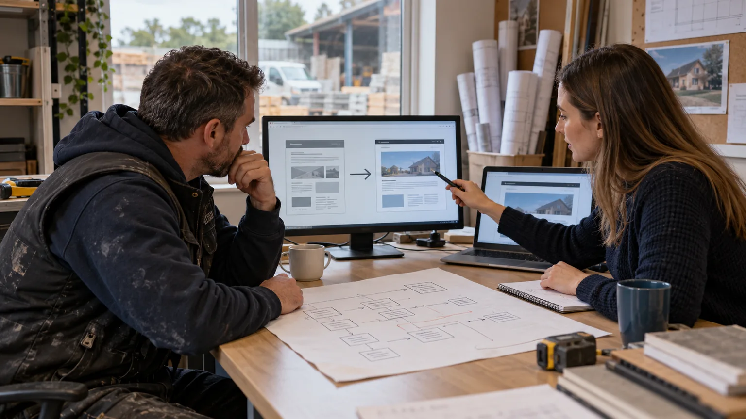 Builder and web specialist reviewing old and redesigned website pages before launch