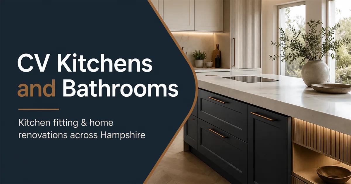CV Kitchens and Bathrooms website branding beside a modern fitted kitchen